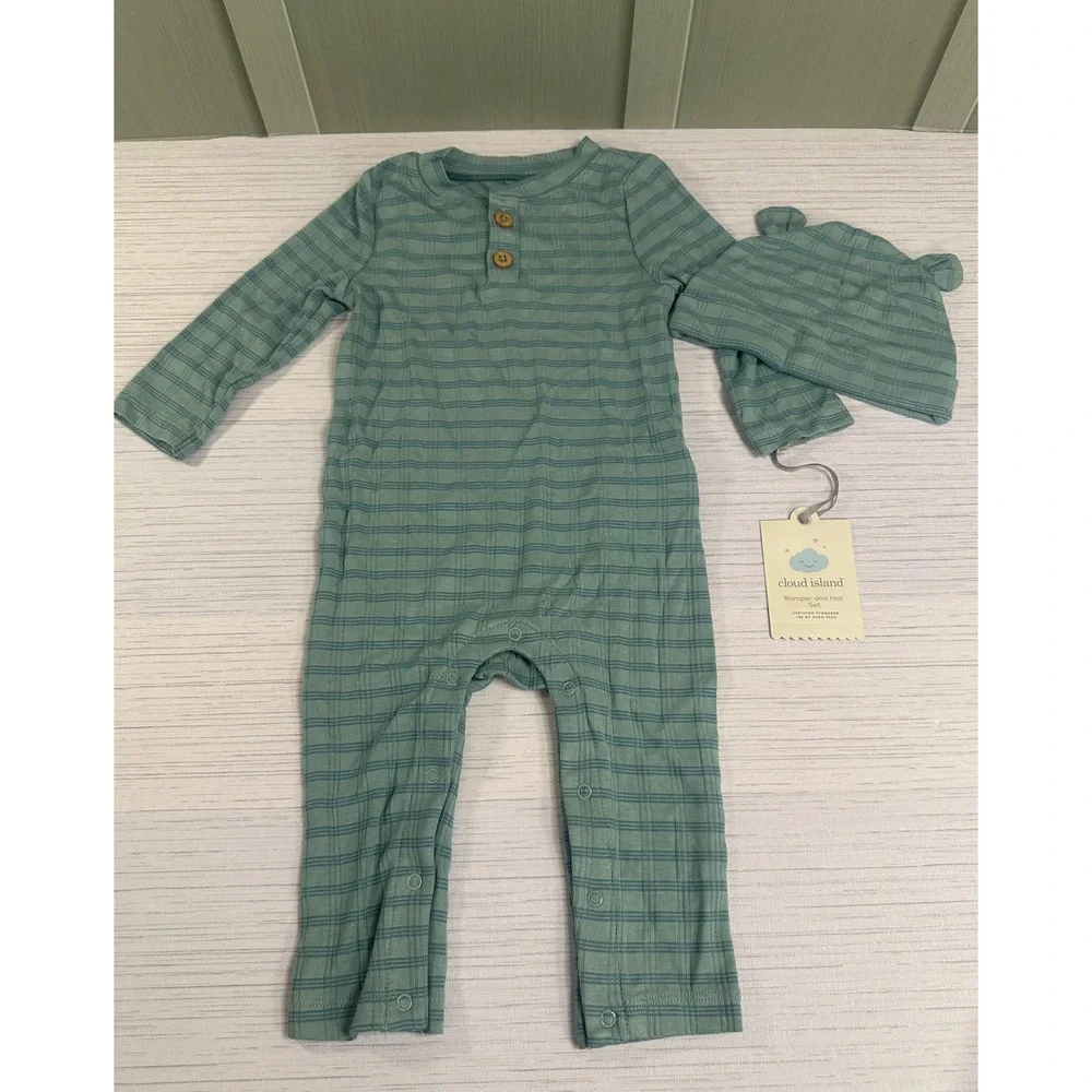 Cloud Island Baby Romper and Hat Set Blue Striped Henley 6-9M New with Tags